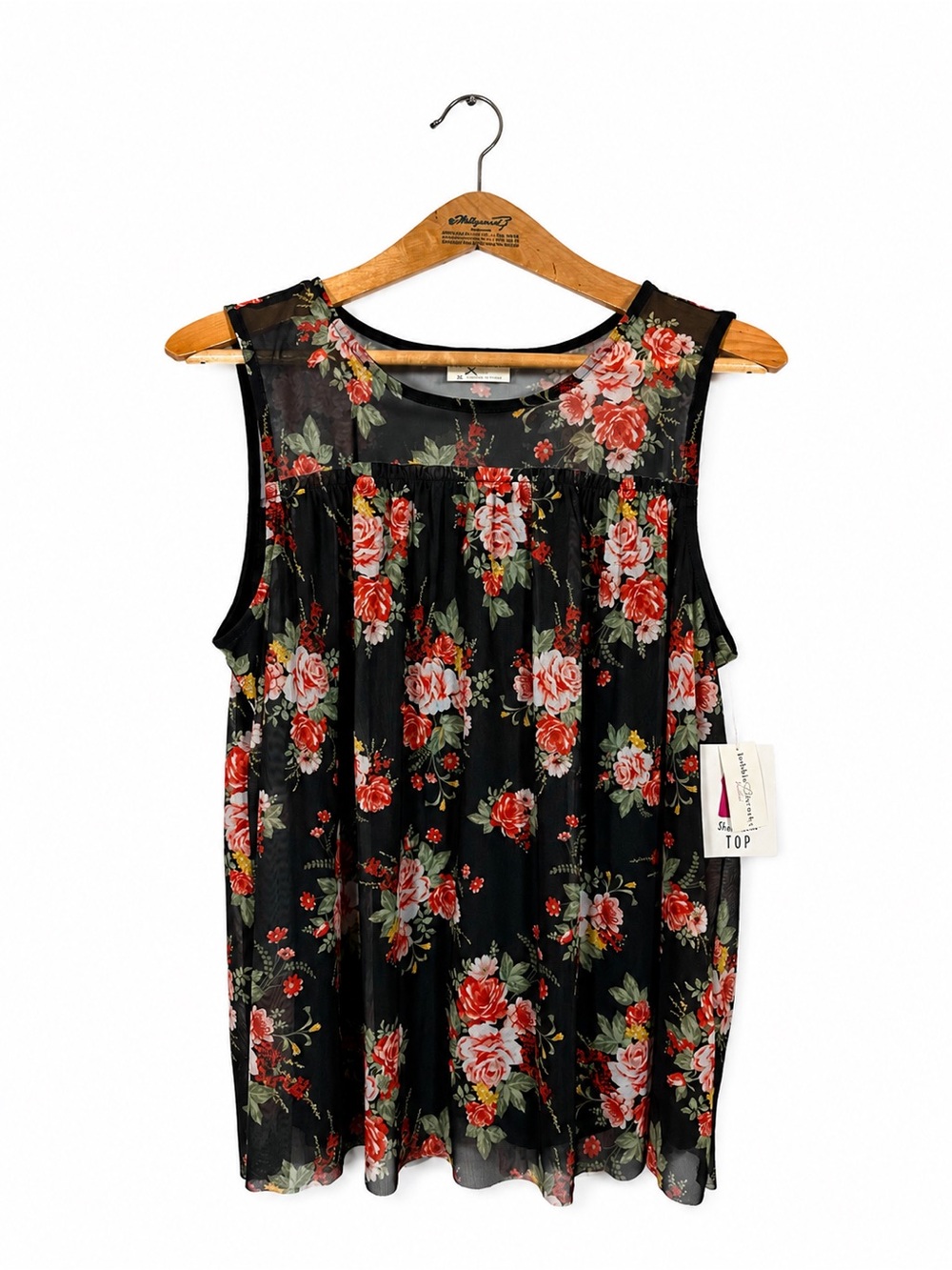 Bobbie Brooks Floral Mesh Overlay Tank Top Sheer Blouse Size XL Business Casual